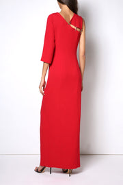 Sheath long red dress with leg slit, cutout on shoulder and one 3/4 sleeve