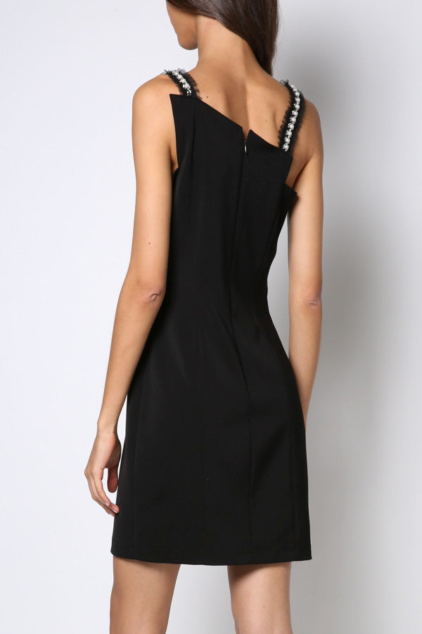 Little black dress with asymmetric neck and stripes of pearls – SFCouture Little black dress with asymmetric neck and stripes of pearls – SFCouture