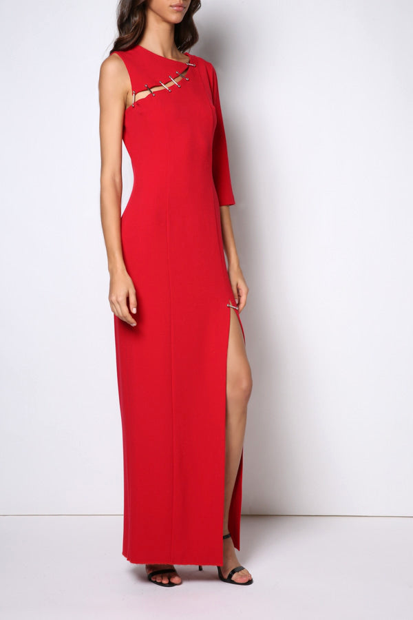 red dress leg cut out Sheath long red dress with leg slit, cutout on shoulder and one 3/4 sl SFCouture