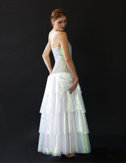 Floor long dress, double 4-layered translucent skirt, boned bodice. Starfish strap.