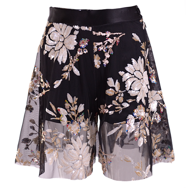 Palazzo shorts on dark mesh, embroidered sequins