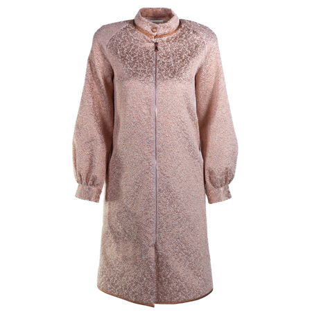 Balmacaan coat, bishop sleeves, cotton and lame, copper rimmed