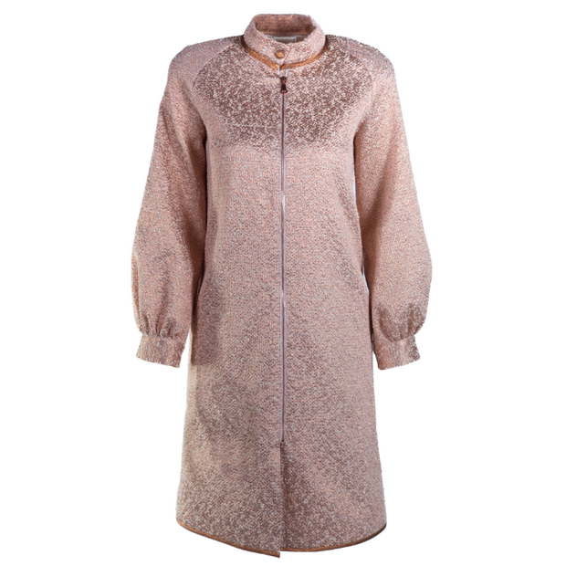 Balmacaan coat, bishop sleeves, cotton and lame, copper rimmed