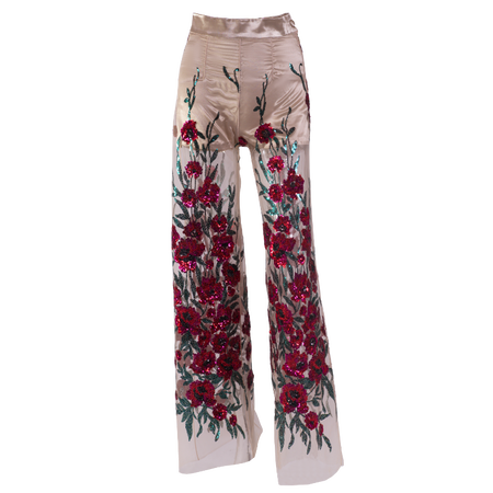 Golden-beige multi-colored embroidered sequins high-waist pants
