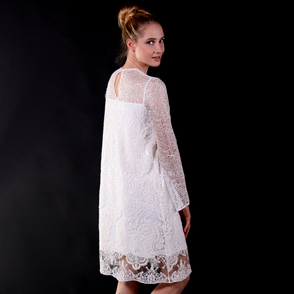 Long sleeved web and lace white knee-length dress SFCouture Long sleeved web and lace white knee-length dress SFCouture