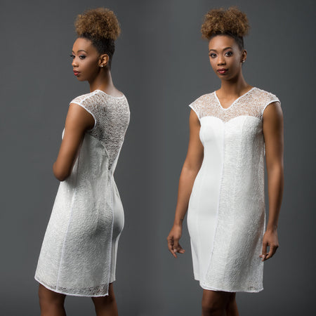 "Amalthea" asymmetric short white dress with sequinned web layer