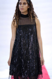 Margueritte A-shaped medium dress of embroidered chiffon with sequin fringes.