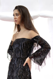 Catherine floor-long maxi dress, illusion neckline, sequin-embroidered chiffon with sequin fringes.