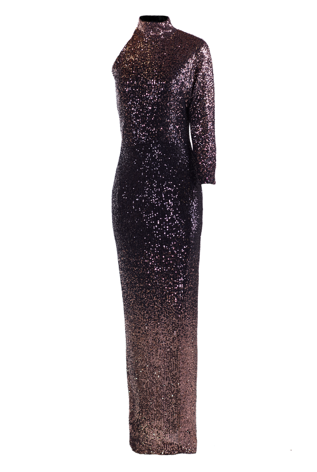 Isotta sheat long dress, one long sleeve, turtle-neck.